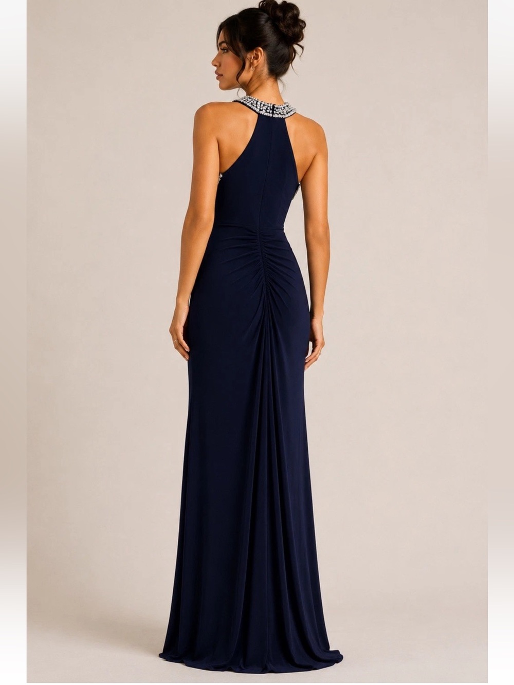 Xscape Evening Navy Beaded Halter Gown Maxi Dress Formal Evening Prom Size 12 - Picture 5 of 16